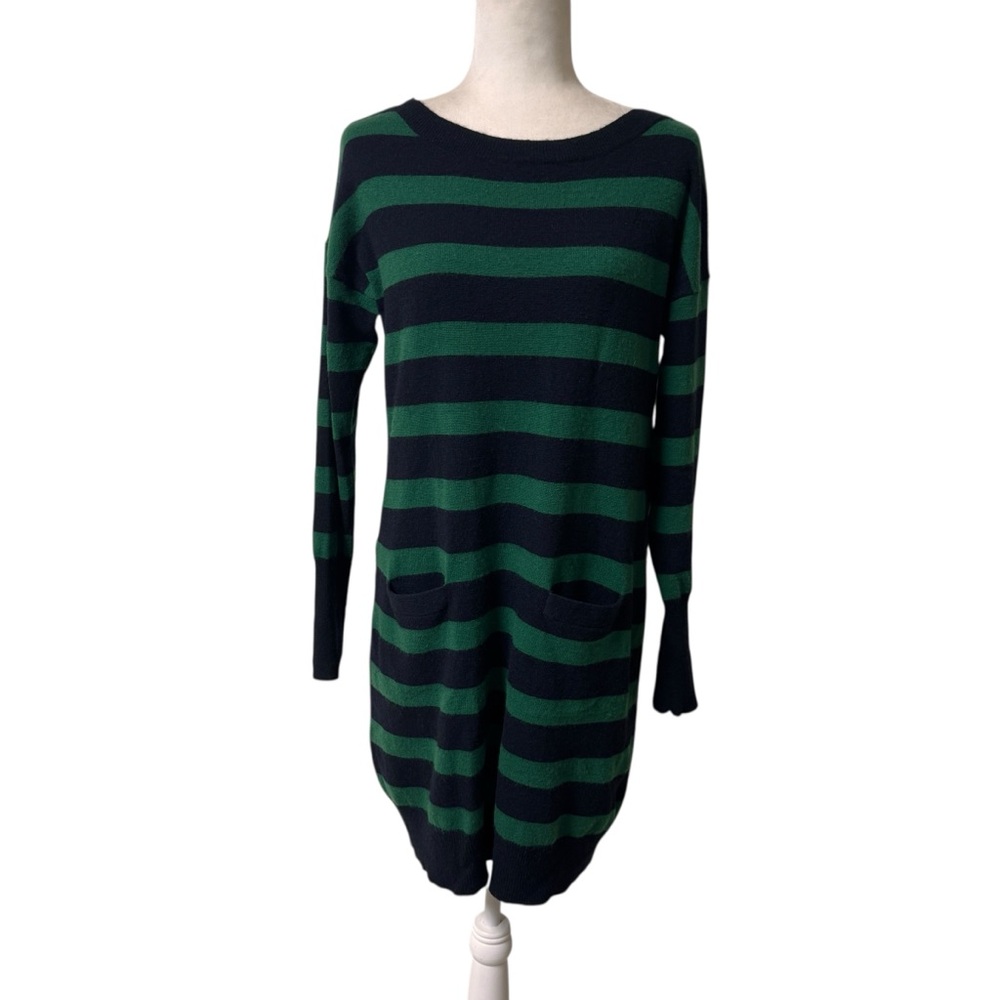 J Crew wool cashmere  Navy/ green rugby stripes  sweater dress sz Medium